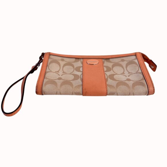 Coach Signature Canvas Leather Wristlet Wallet In Beige Peach Orange Read - Picture 4 of 16